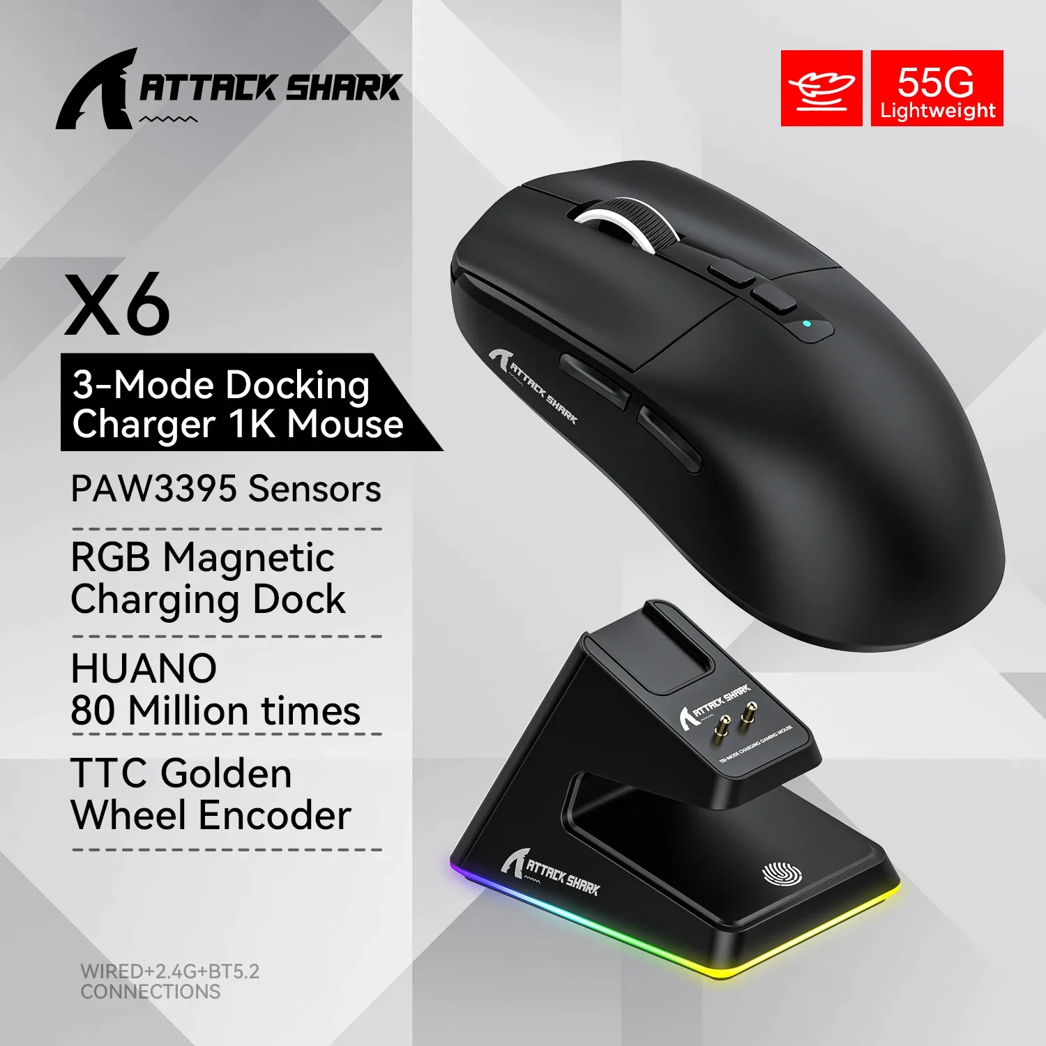 Souris Gamer X6 PAW3395 - Connexion Tri-mode avec Station de Charge Magnétique RGB - Image 1