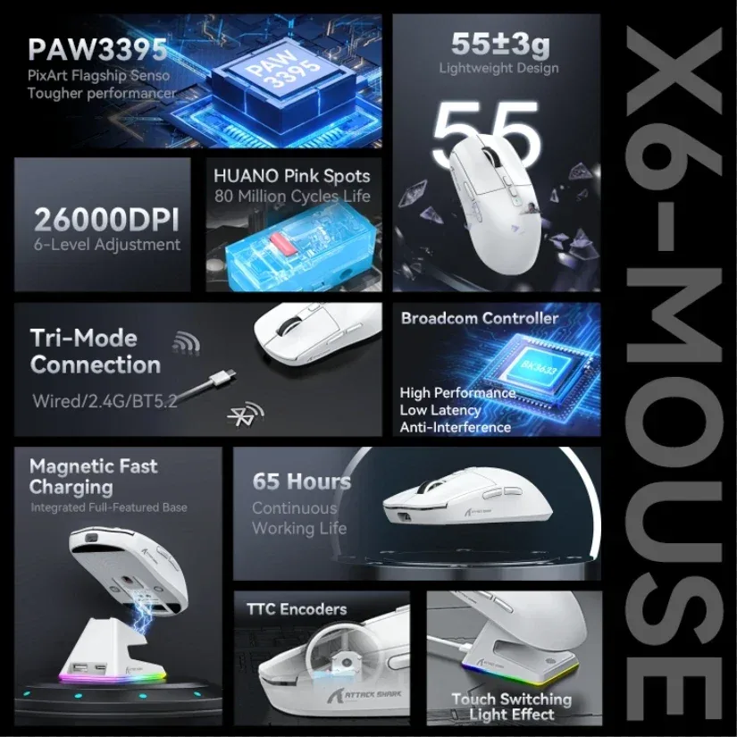 Souris Gamer X6 PAW3395 - Connexion Tri-mode avec Station de Charge Magnétique RGB - Image 4