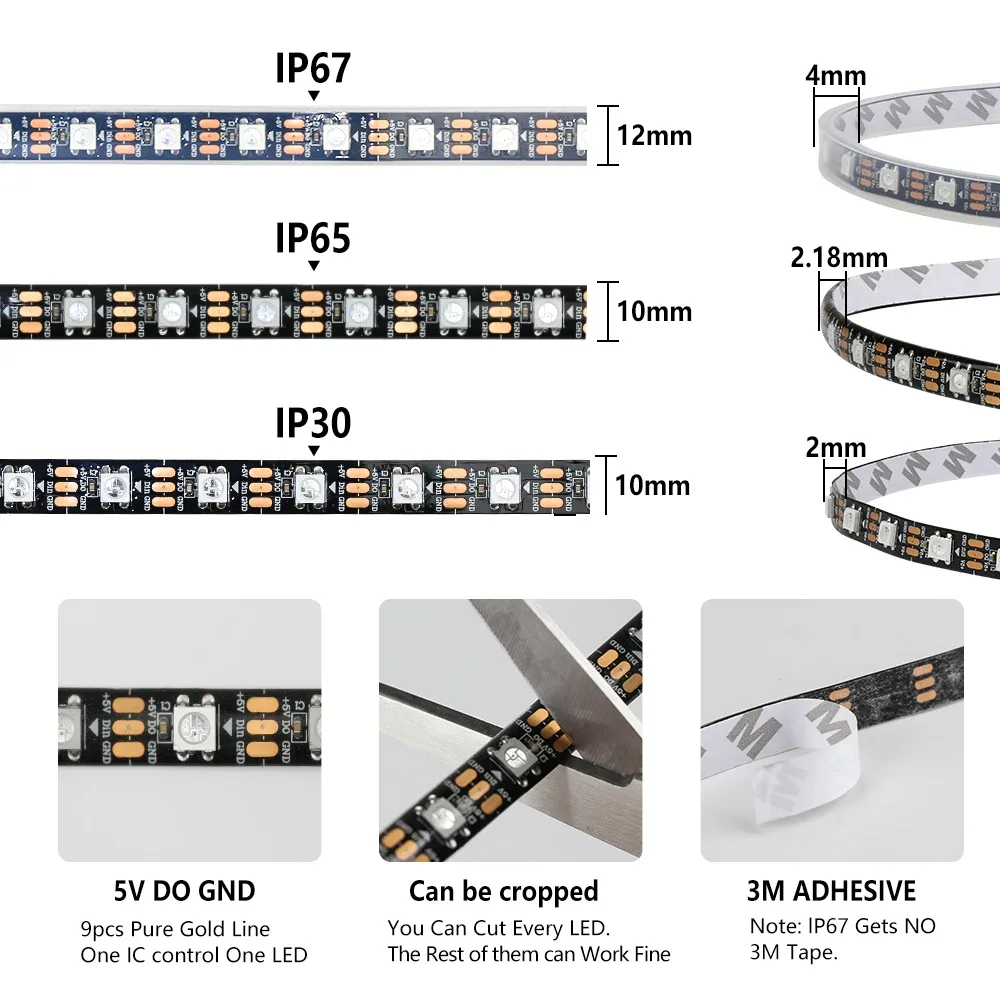 Ruban LED RGBIC Adressable WS2812B 5V USB - 30/60 LED/m - IP30/IP65/IP67 4