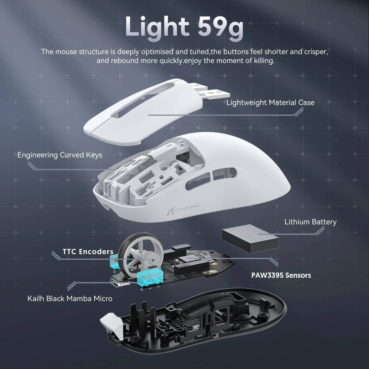 Souris de jeu sans fil ultra-légère Attack Shark X3 Pro - PAW3395, 26000 DPI, Tri-Mode - Image 3