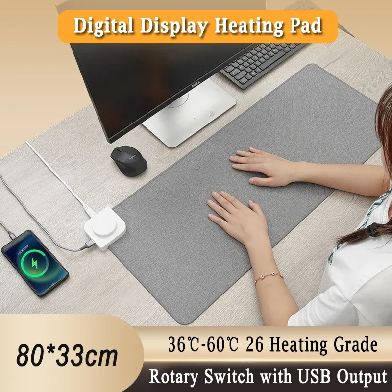 Tapis de bureau chauffant avec affichage numérique, 26 niveaux de température (36°C-60°C) et port USB - Image 1