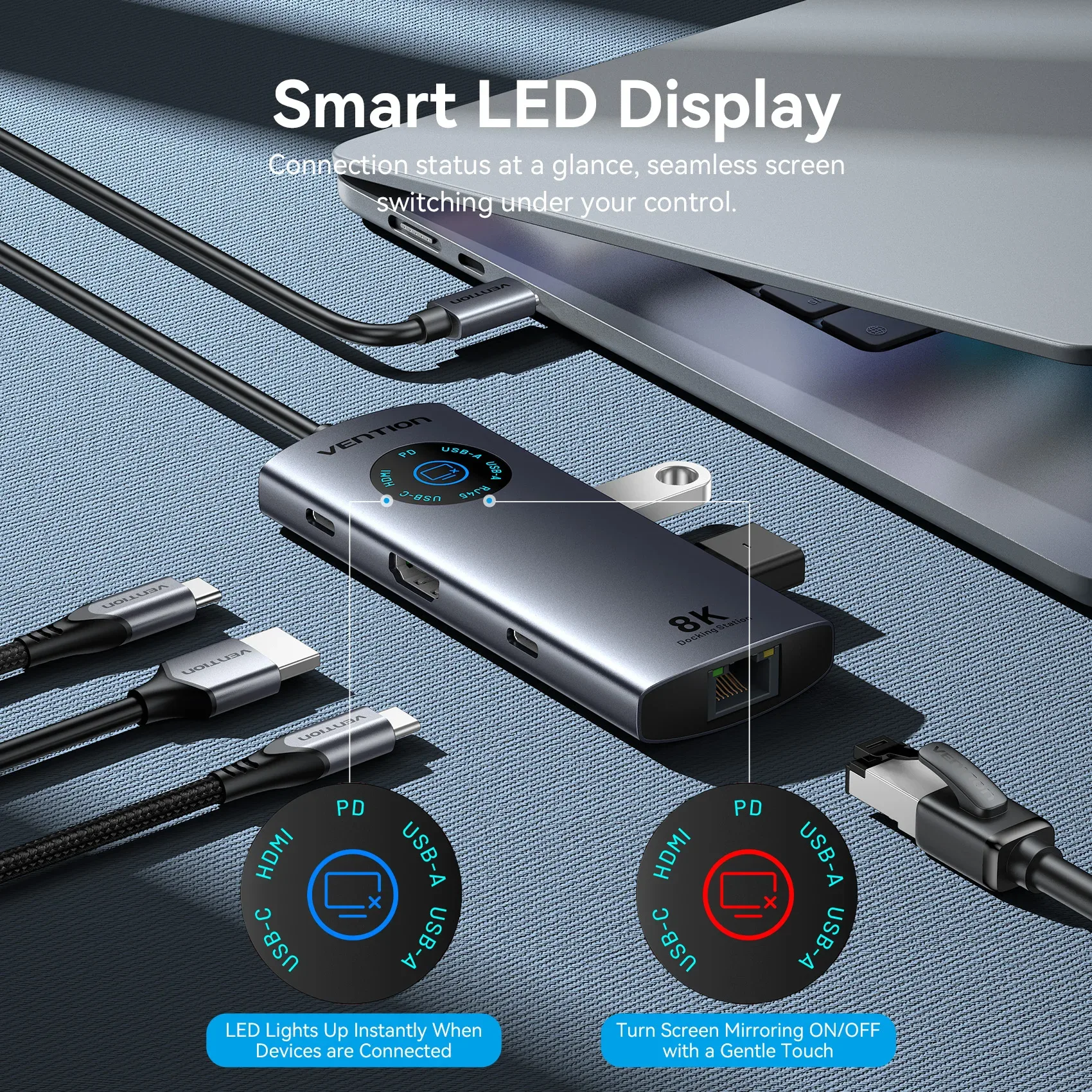 Hub USB-C Vention HDMI 8K, Ethernet 1000 Mbps et USB 3.2 avec Affichage LED - Image 3