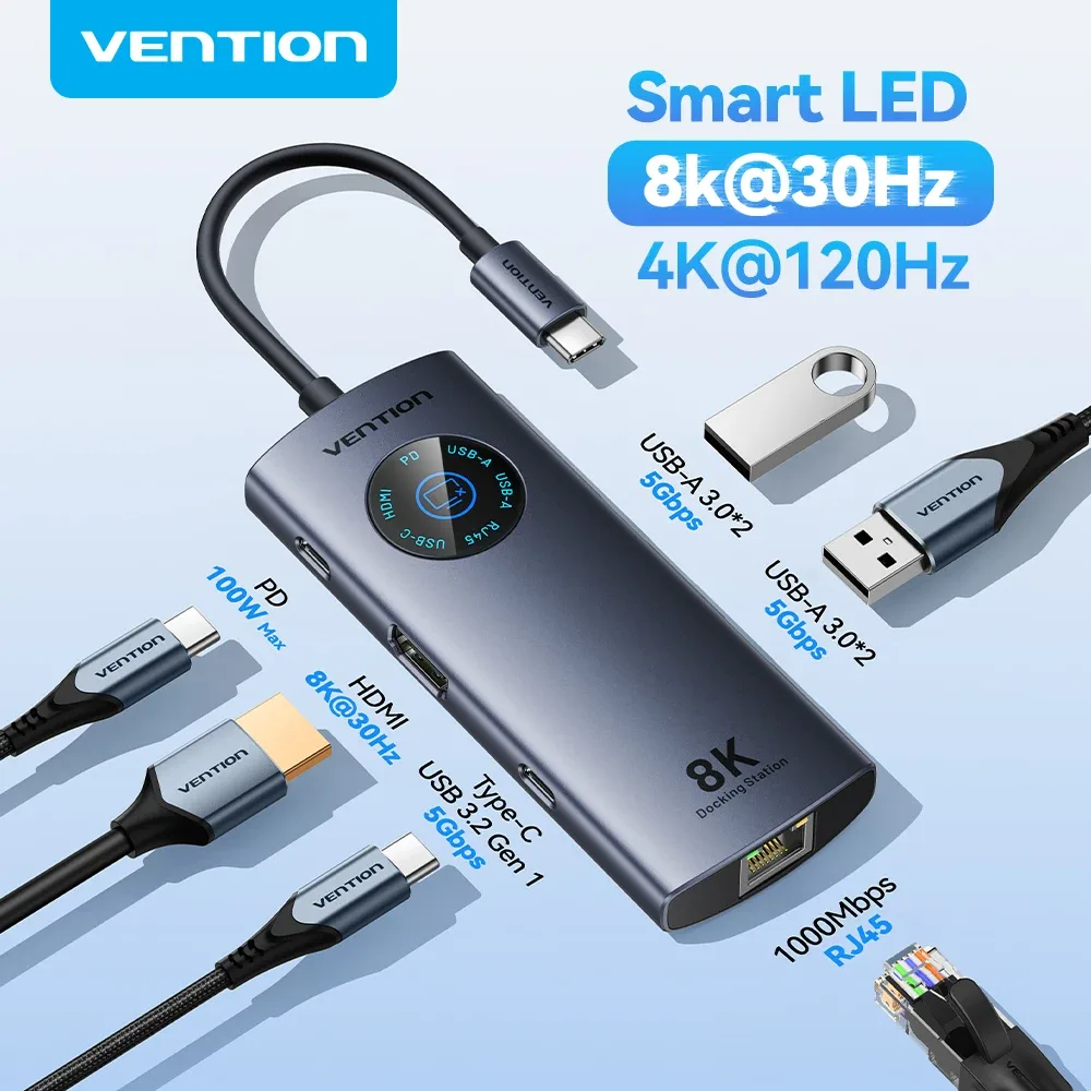 Hub USB-C Vention HDMI 8K, Ethernet 1000 Mbps et USB 3.2 avec Affichage LED - Image 1