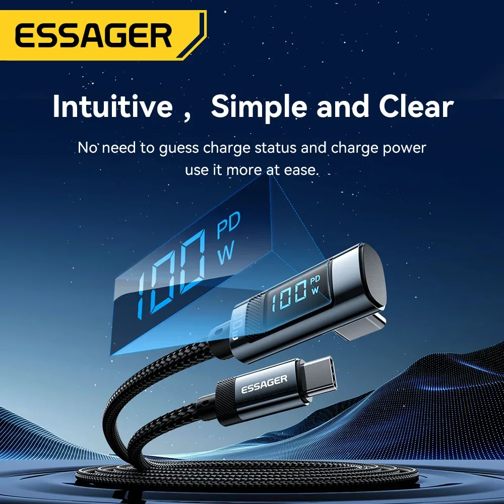 Câble USB-C vers USB-C Essager PD 100W 5A - Charge Rapide avec Affichage LED et Connecteur à 90° 3