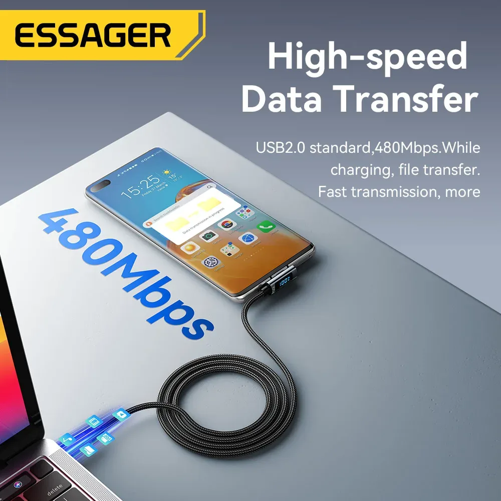 Câble USB-C vers USB-C Essager PD 100W 5A - Charge Rapide avec Affichage LED et Connecteur à 90° 6