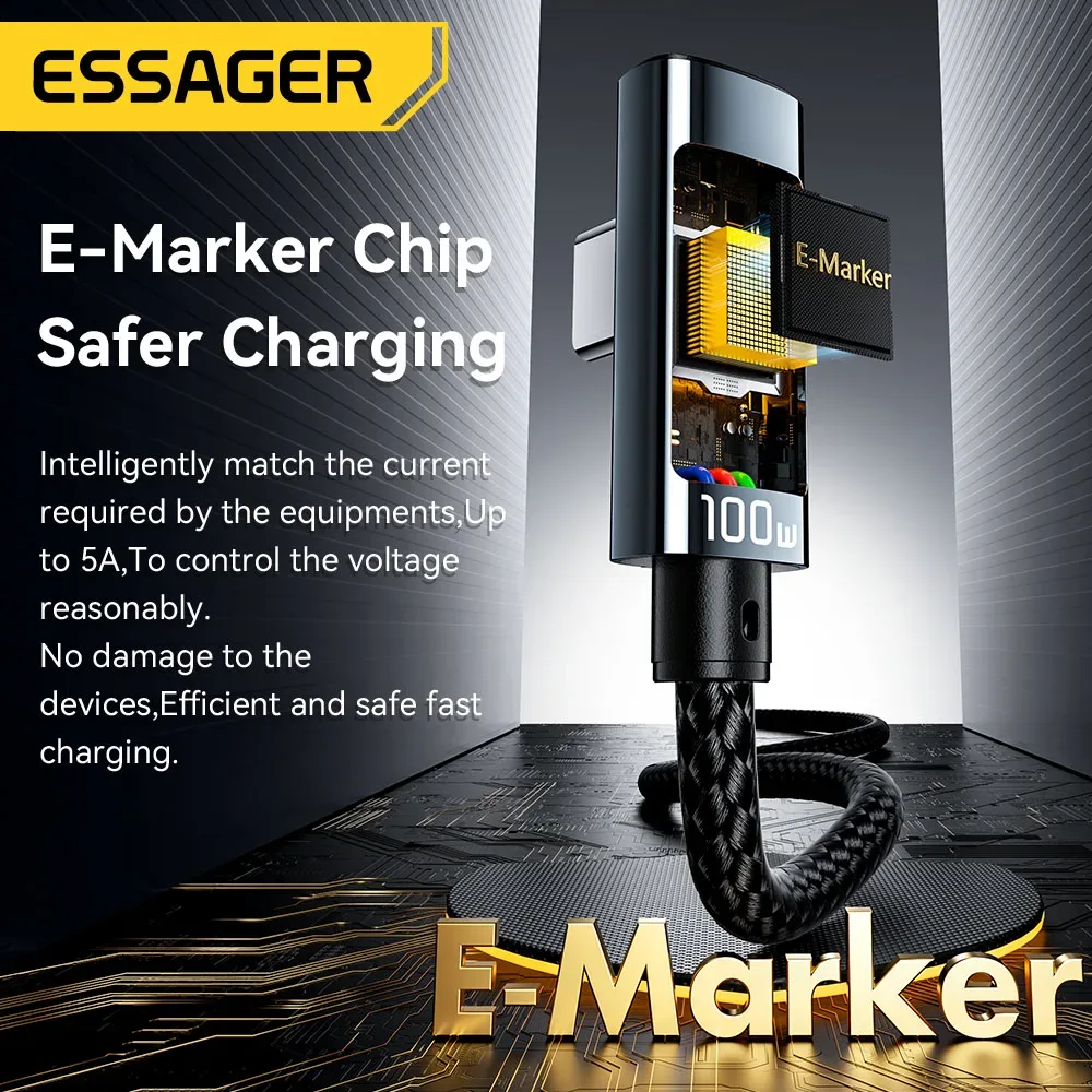Câble USB-C vers USB-C Essager PD 100W 5A - Charge Rapide avec Affichage LED et Connecteur à 90° 5