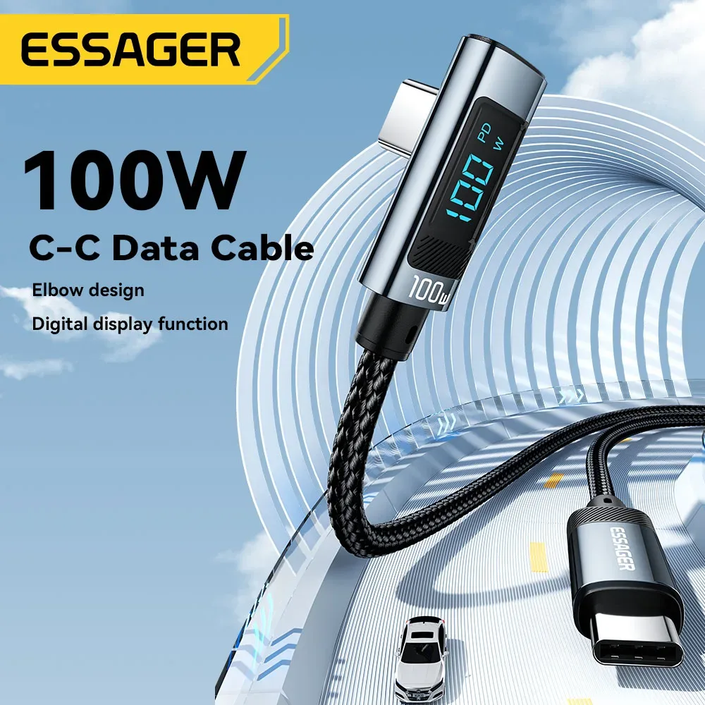 Câble USB-C vers USB-C Essager PD 100W 5A - Charge Rapide avec Affichage LED et Connecteur à 90° 2