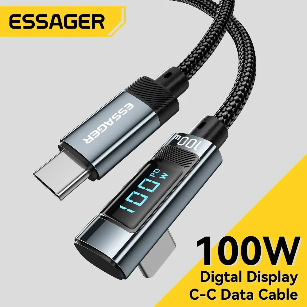 Câble USB-C vers USB-C Essager PD 100W 5A - Charge Rapide avec Affichage LED et Connecteur à 90°
