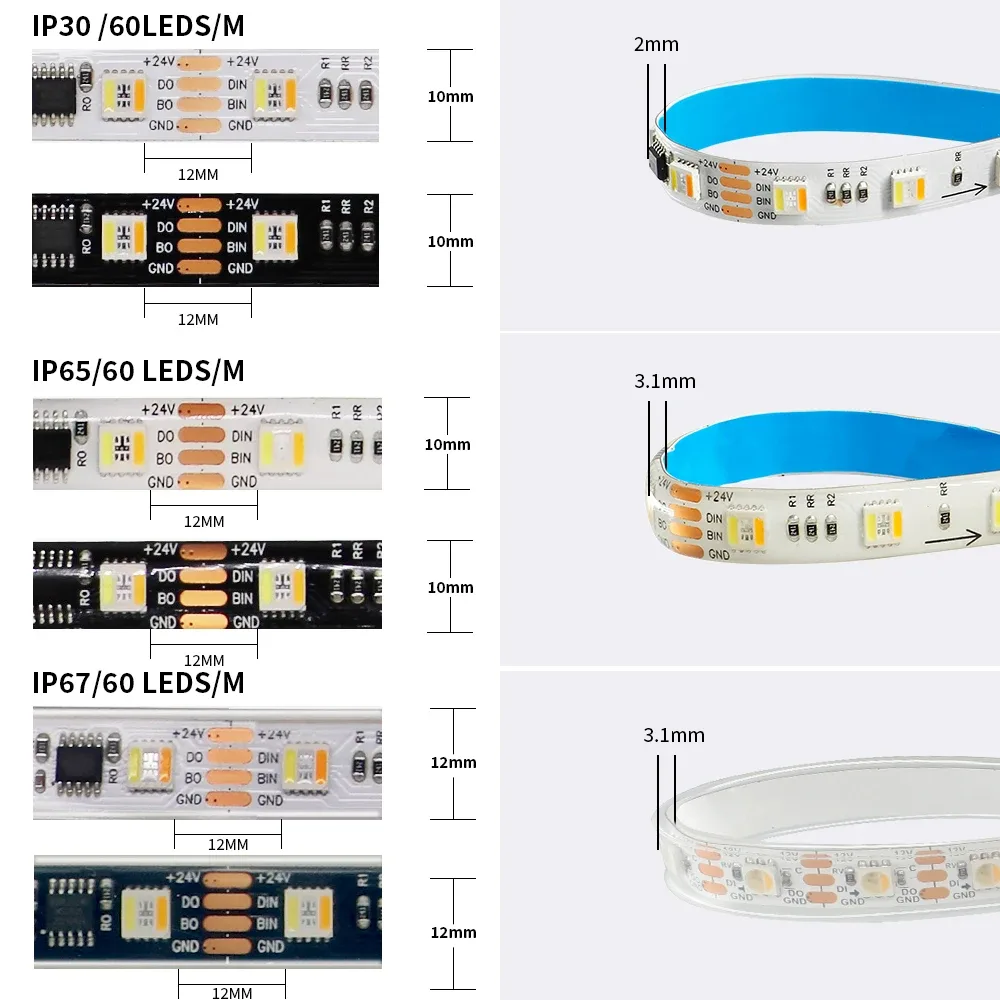 Ruban LED Adressable 5-en-1 WS2805 RGBW+CCT, 60 LED/m, SMD 5050, 12V/24V - Image 3