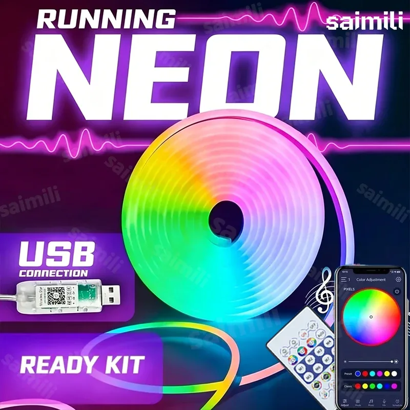 Ruban LED Néon Flexible RGBIC 5V USB - Contrôle Bluetooth et Synchronisation Musicale - Image 1