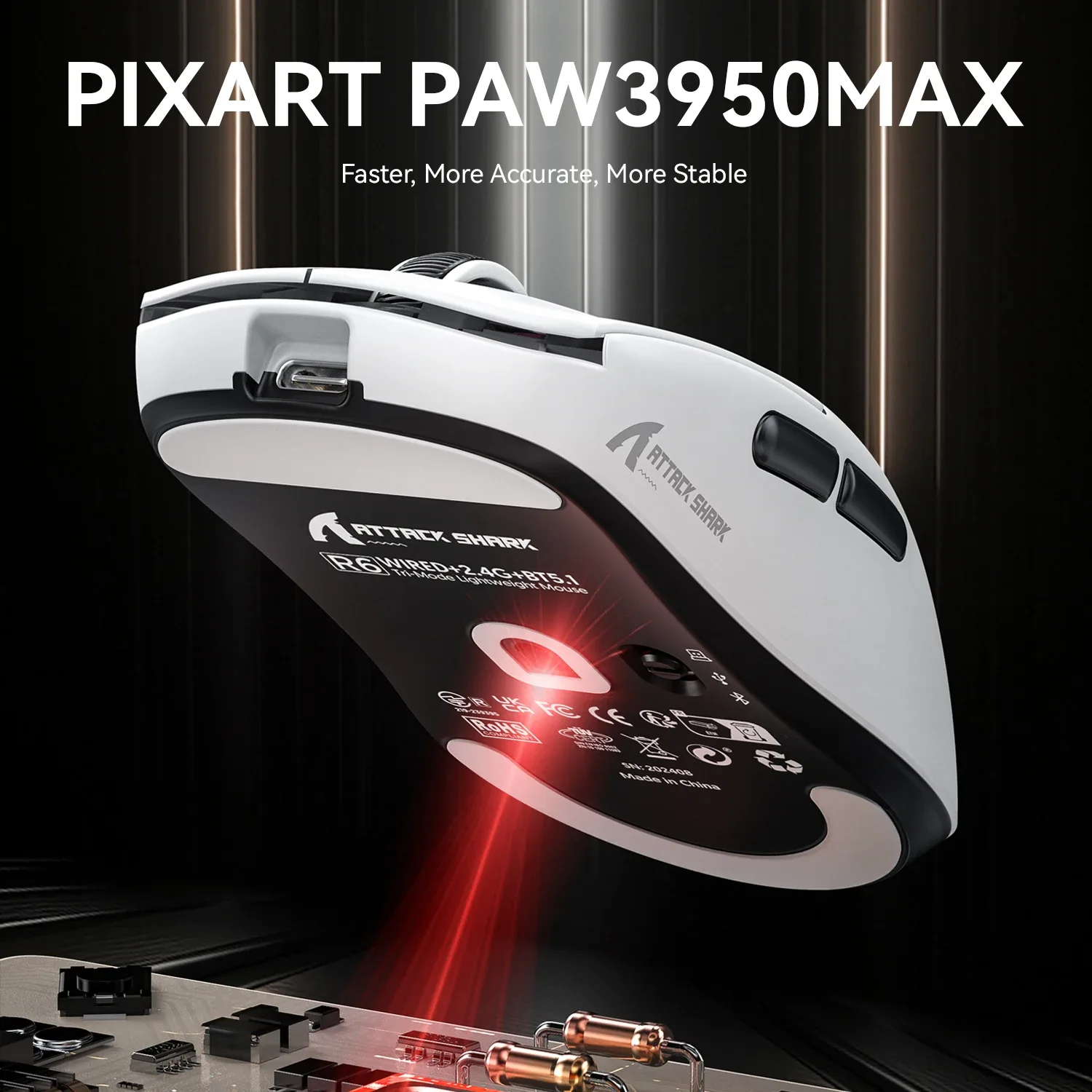 ATTACK SHARK R6 - Souris gamer sans fil ultralégère 39g, 8K Hz, Capteur PAW3950MAX, 42 000 DPI, Connexion Tri-mode (2,4 GHz/BT/Filaire) - Image 3