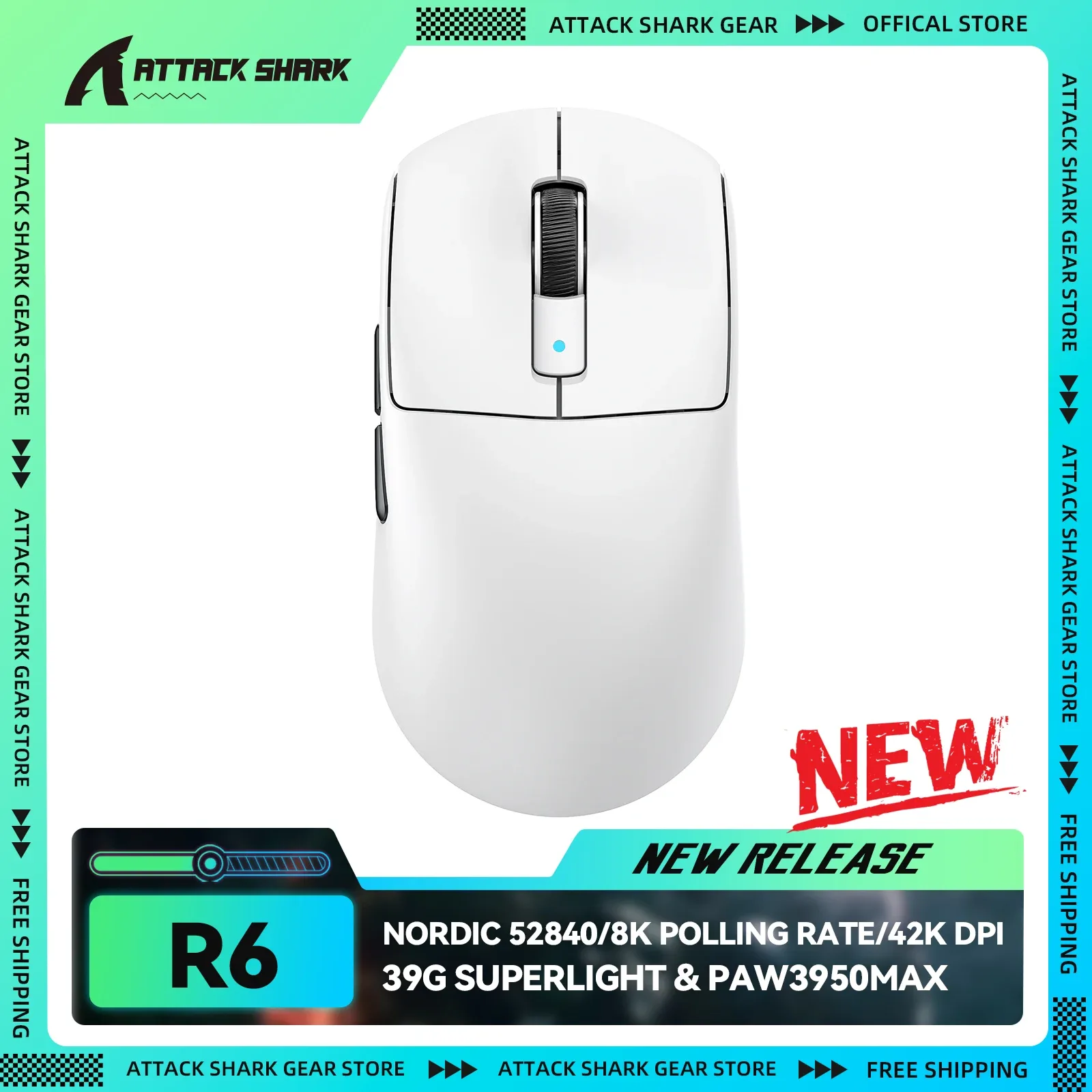 ATTACK SHARK R6 - Souris gamer sans fil ultralégère 39g, 8K Hz, Capteur PAW3950MAX, 42 000 DPI, Connexion Tri-mode (2,4 GHz/BT/Filaire) - Image 1