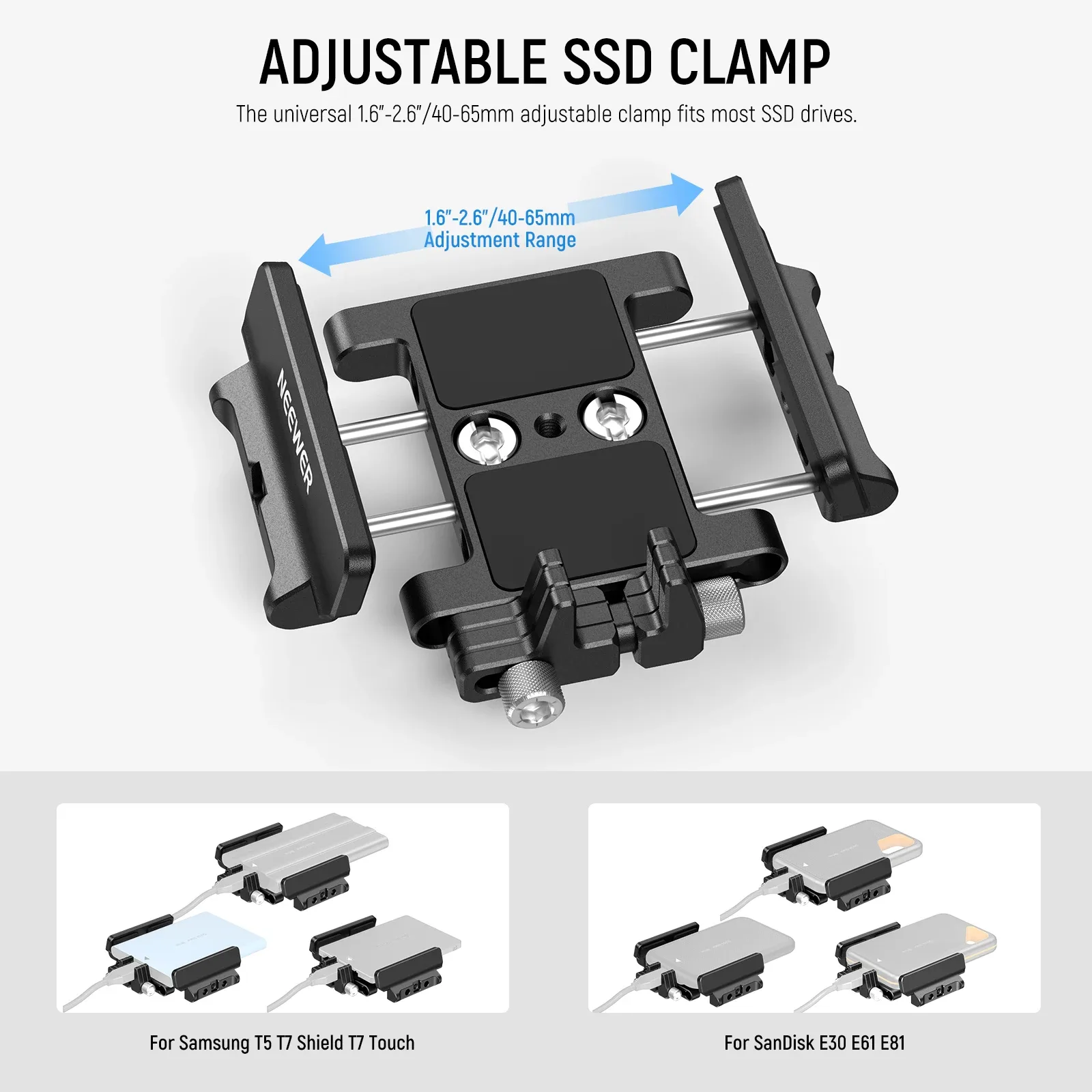Support SSD NEEWER avec Pince Serre-Câble et Fixation Cold Shoe (1,6"-2,6"), Compatible avec Samsung T5/T7, SanDisk et SmallRig - Image 2