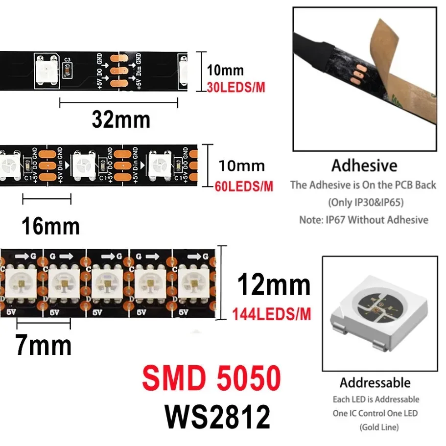 Ruban LED Intelligent WS2812B 5050 RGBIC 5V, Adressable Individuellement, 30/60/144 LED/m, IP30/IP67, PCB Noir/Blanc 2