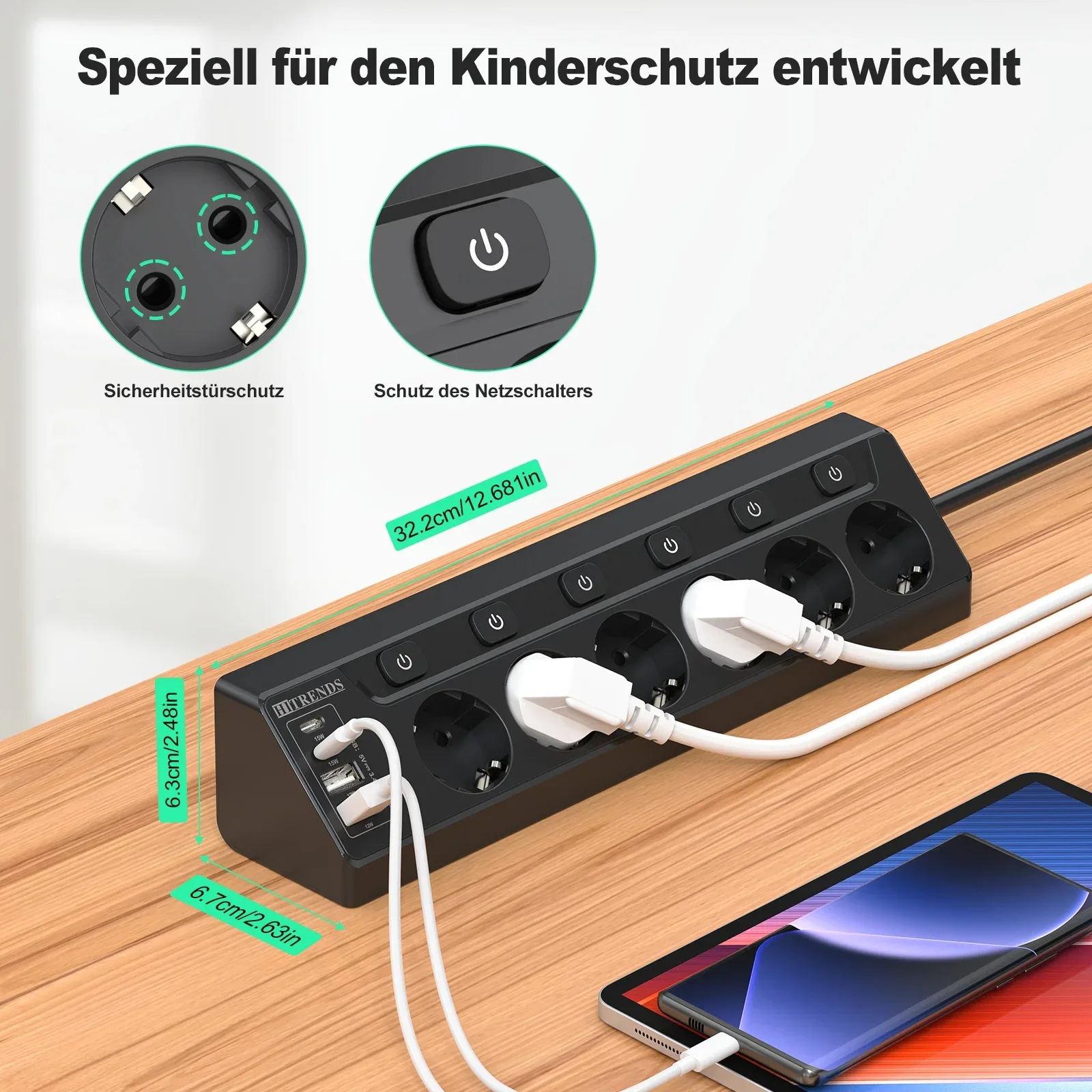 Multiprise d'angle 6 prises avec 2 ports USB et 2 ports USB-C - Câble 2m 3