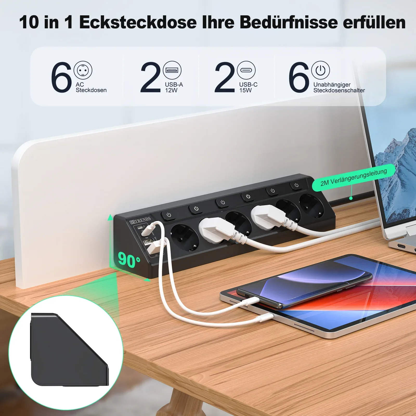 Multiprise d'angle 6 prises avec 2 ports USB et 2 ports USB-C - Câble 2m 2