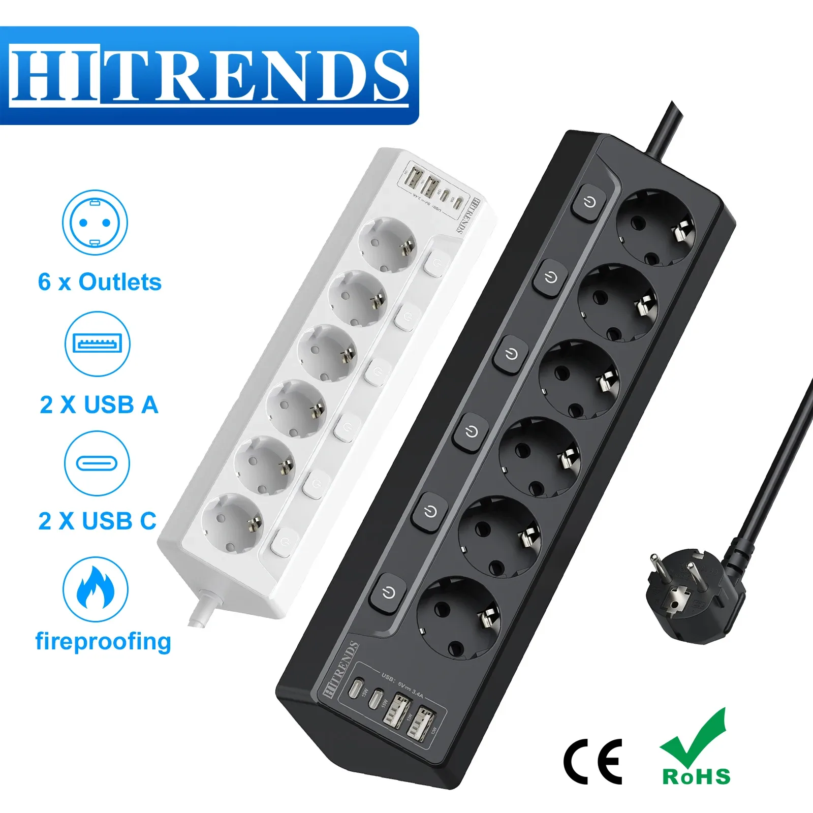 Multiprise d'angle 6 prises avec 2 ports USB et 2 ports USB-C - Câble 2m