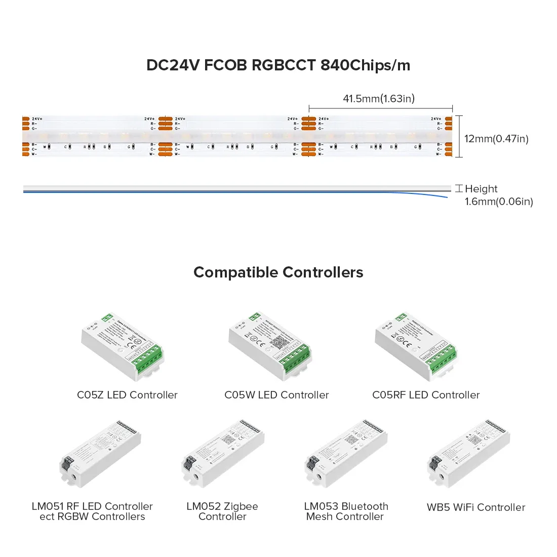 Ruban LED FCOB RGBCCT Flexible Haute Densité - 840 LED/m - 24V 16W/m - IRC90 - 12mm - Image 3