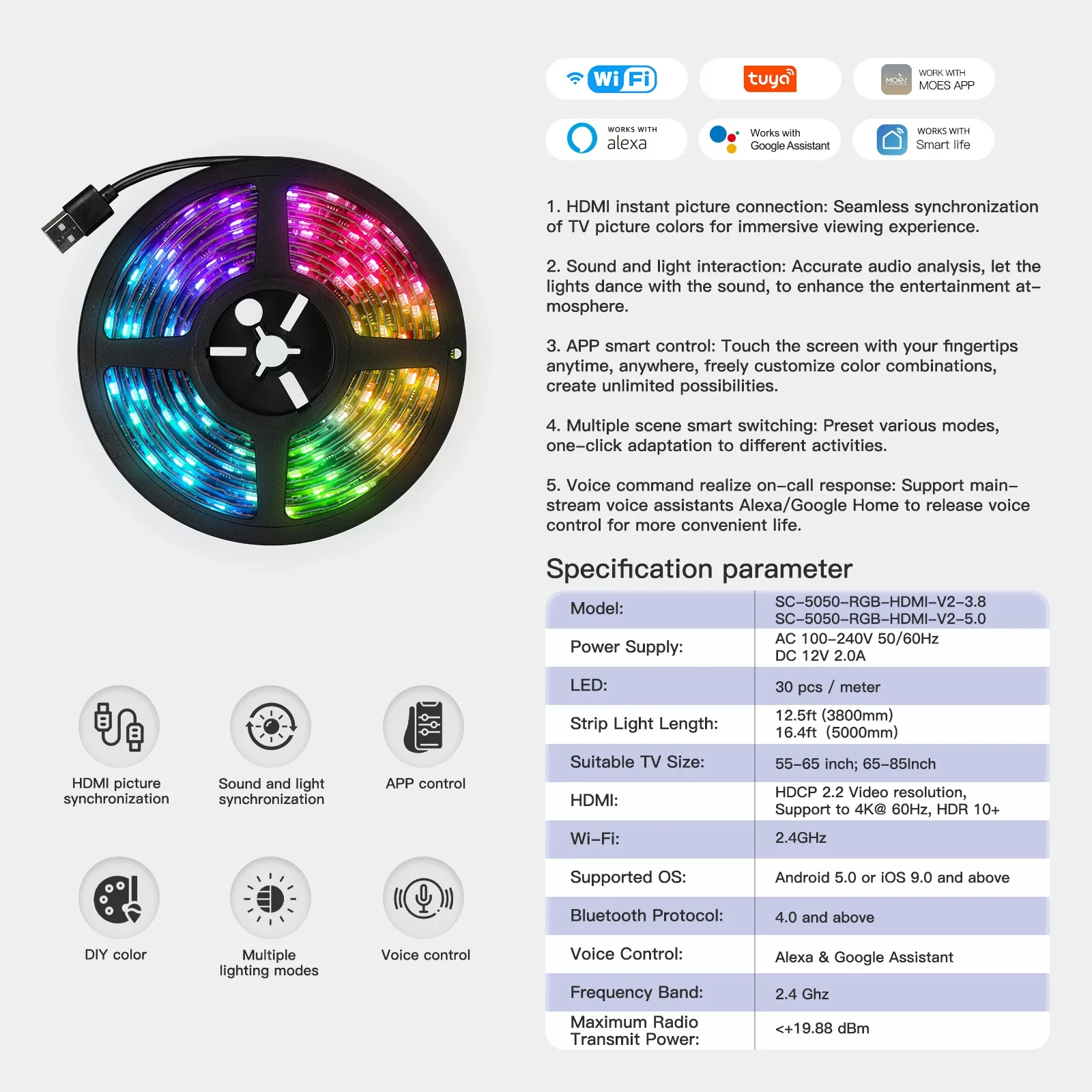 MOES Kit de Rétroéclairage TV Intelligent avec Boîtier de Synchronisation HDMI 2.0 et Ruban LED - Image 6