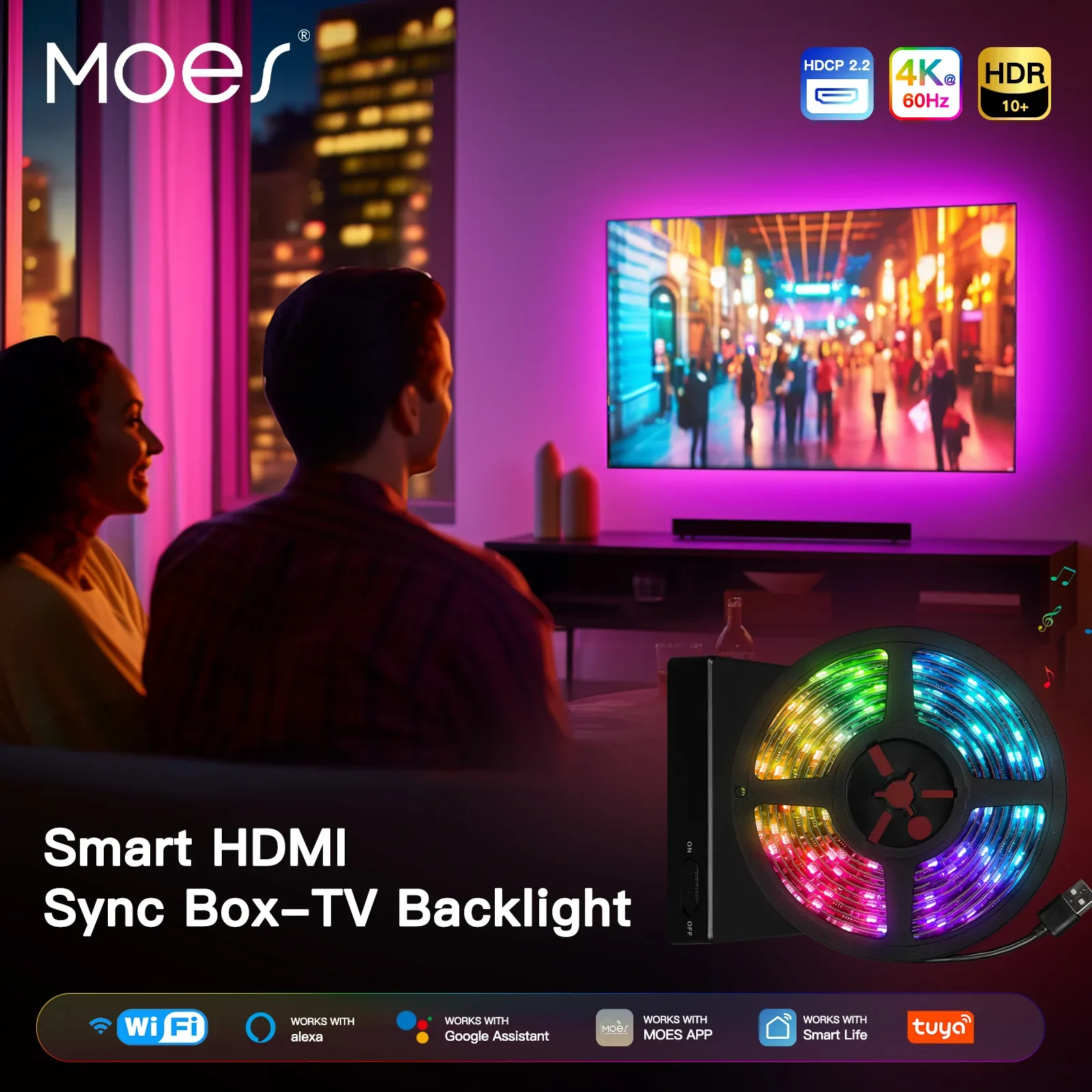 MOES Kit de Rétroéclairage TV Intelligent avec Boîtier de Synchronisation HDMI 2.0 et Ruban LED - Image 1