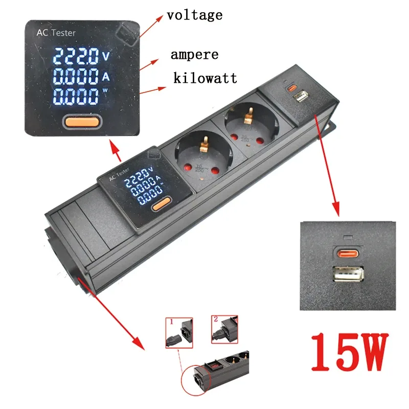 Multiprise PDU C14 pour rack réseau avec prises EU, voltmètre et port USB-C 15W - Image 3