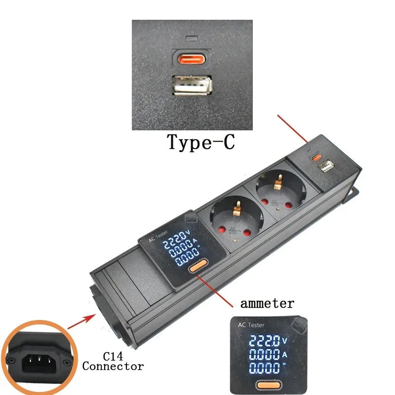 Multiprise PDU C14 pour rack réseau avec prises EU, voltmètre et port USB-C 15W - Image 4
