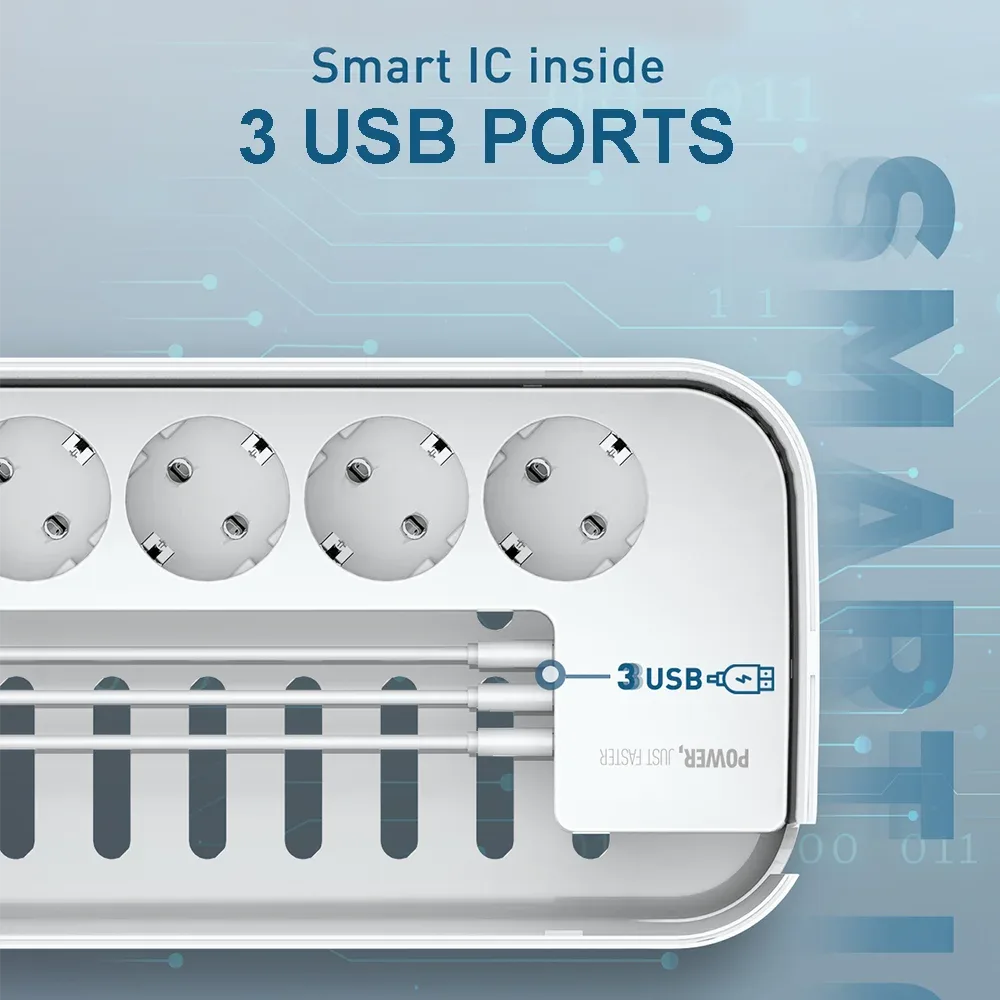 LDNIO Boîtier Multiprise Parafoudre avec 3 Ports USB et Rallonge 2m - Image 3