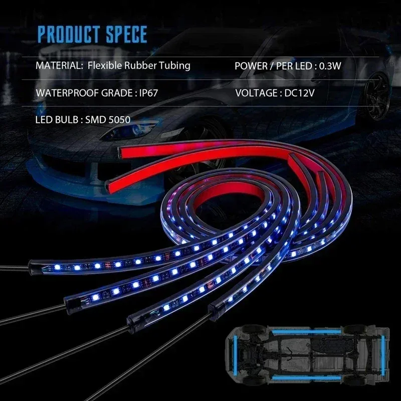 Bande LED flexible pour voiture - Éclairage d'ambiance RGB avec contrôle par application et télécommande - Image 4