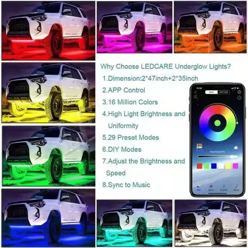 Bande LED flexible pour voiture - Éclairage d'ambiance RGB avec contrôle par application et télécommande - Image 6