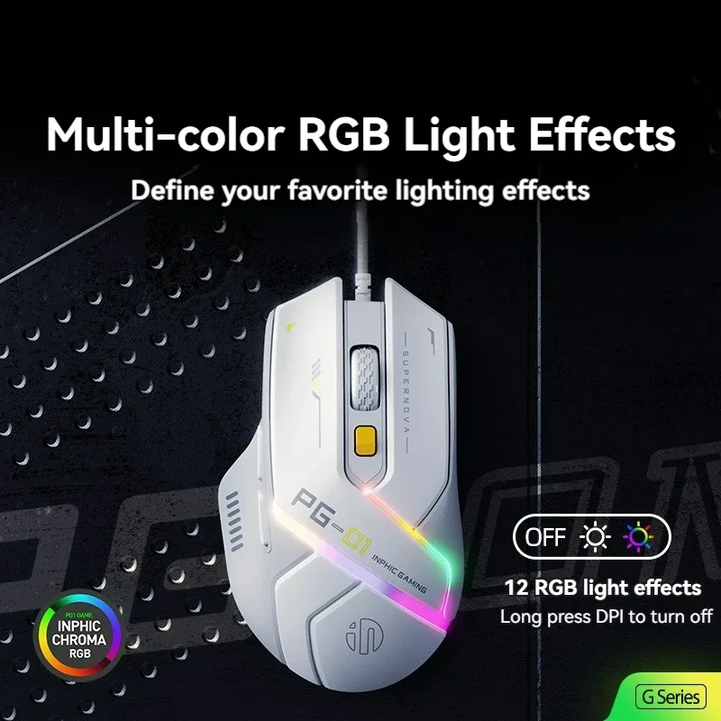 Souris Gamer Filaire Inphic PG1, Rétroéclairage RGB, 12 800 DPI, 6 Boutons Programmables, 1000 Hz - Image 4