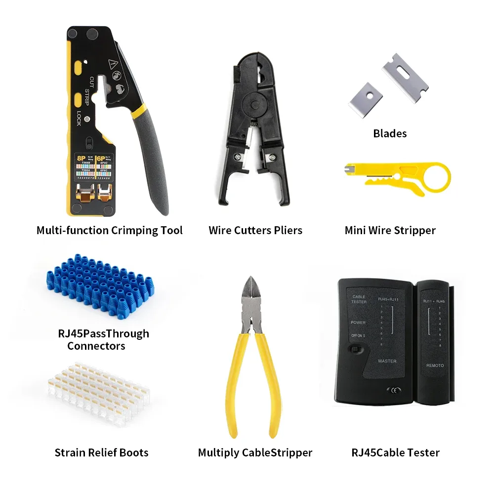 Kit de sertissage RJ45 8-en-1 avec testeur de câbles, 50 connecteurs Cat6 et manchons de protection - Image 2