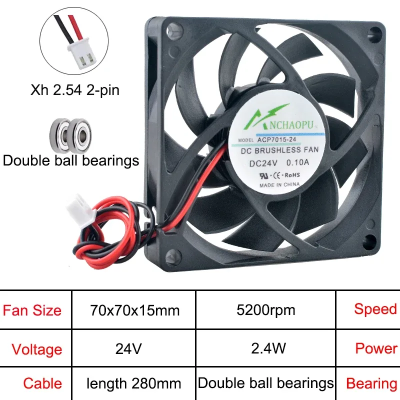 Ventilateur de refroidissement axial ACP7015, 70x70x15 mm, 5V/12V/24V DC, 2 broches 8