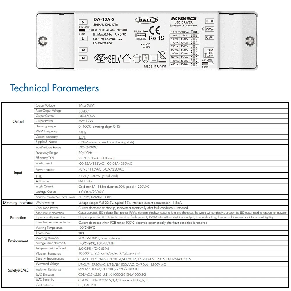 Driver LED DALI DT8 CCT 12W, Alimentation Dimmable DALI-2 PWM 4