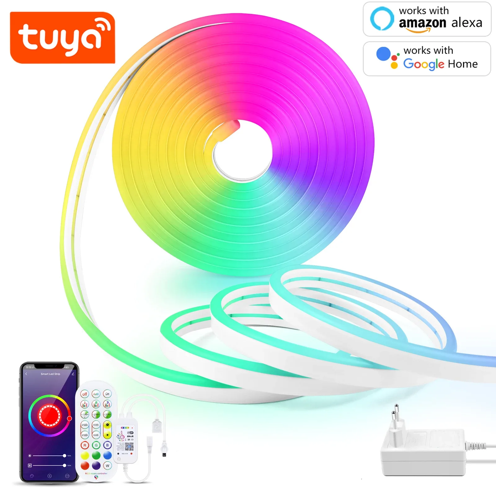 Ruban LED Néon Connecté RGB WiFi (12V-24V) avec Prise UE - Compatible Tuya & Smart Life - Image 1