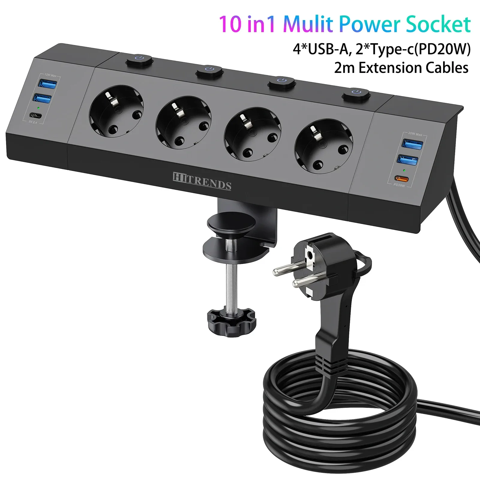 Bloc multiprise encastrable de bureau - 4 prises AC, 4 ports USB-A, 2 ports USB-C, 4 interrupteurs individuels, câble 2 m - Image 1