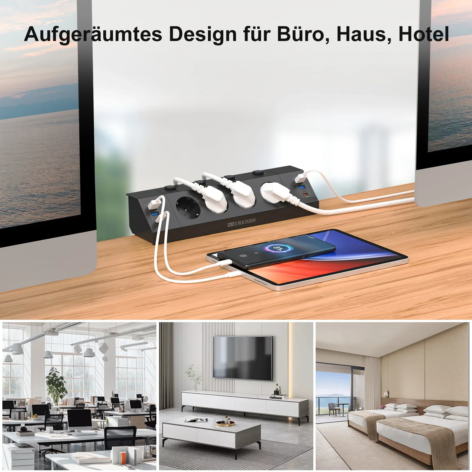 Bloc multiprise encastrable de bureau - 4 prises AC, 4 ports USB-A, 2 ports USB-C, 4 interrupteurs individuels, câble 2 m - Image 6