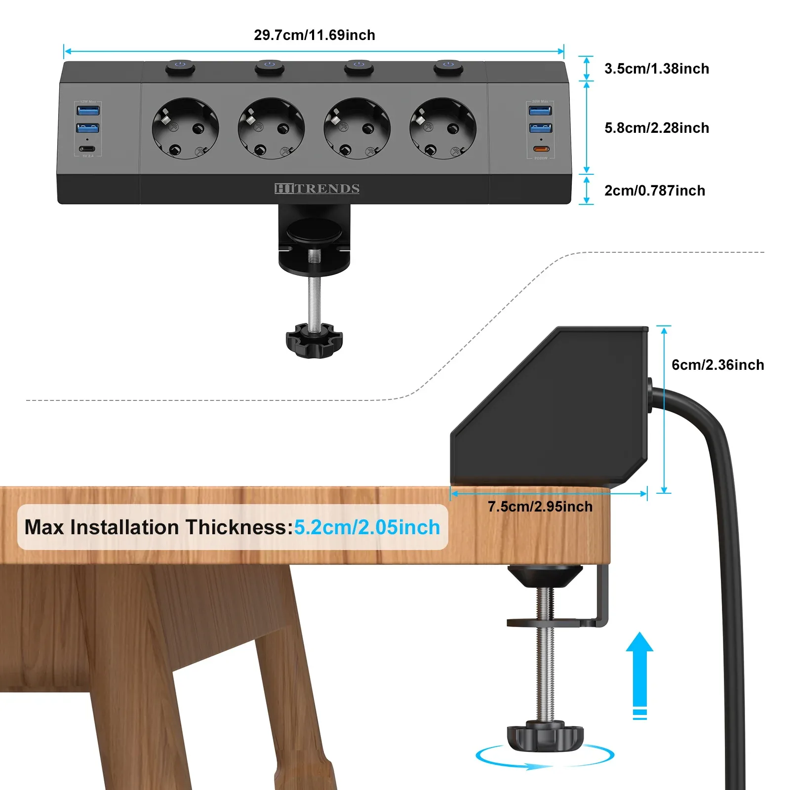 Bloc multiprise encastrable de bureau - 4 prises AC, 4 ports USB-A, 2 ports USB-C, 4 interrupteurs individuels, câble 2 m - Image 5