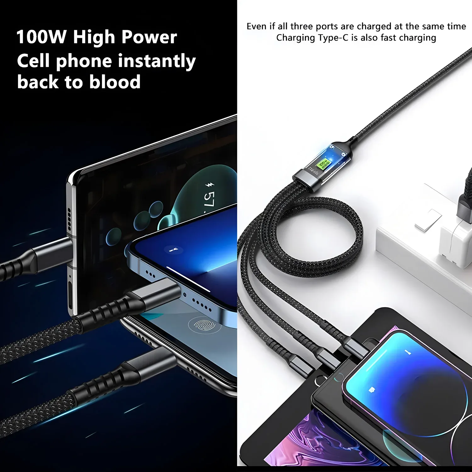 Câble de charge rapide 3-en-1 6A - USB-C, Micro-USB et Lightning - Image 4