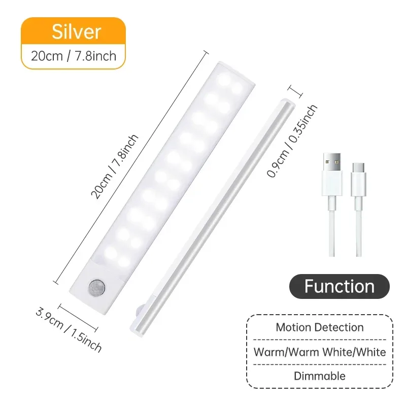 Réglette LED sans fil rechargeable avec détecteur de mouvement pour placard et armoire 12