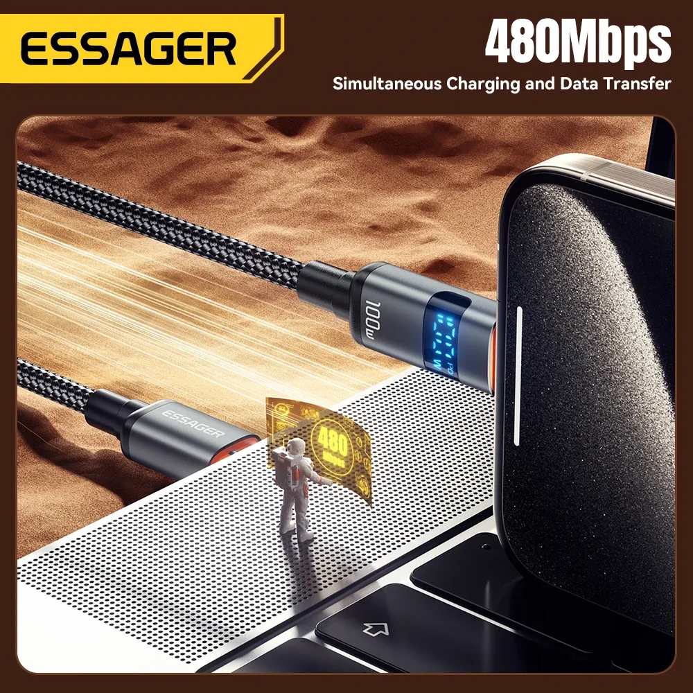 Essager - Câble de charge rapide USB-C vers USB-C 100W PD avec affichage digital - Image 4