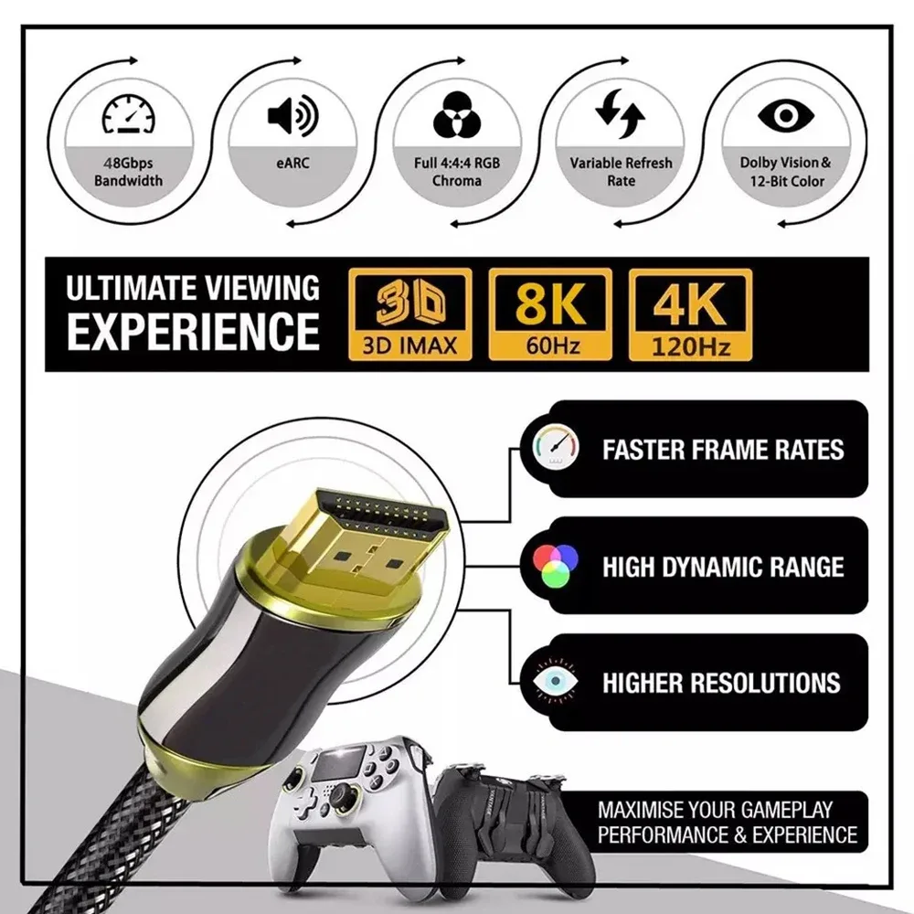 Câble HDMI 2.1 Ultra Haute Vitesse - 8K 60Hz / 4K 120Hz - 48Gbps - HDR & eARC - Compatible PS5, Apple TV et Projecteurs - Image 2