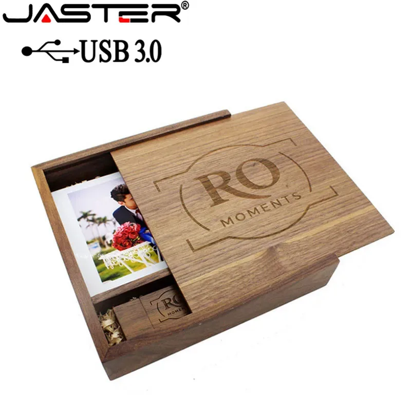 Album photo en bois avec coffret et clé USB 3.0 - Cadeau de mariage (170 x 170 x 35 mm) - Image 1