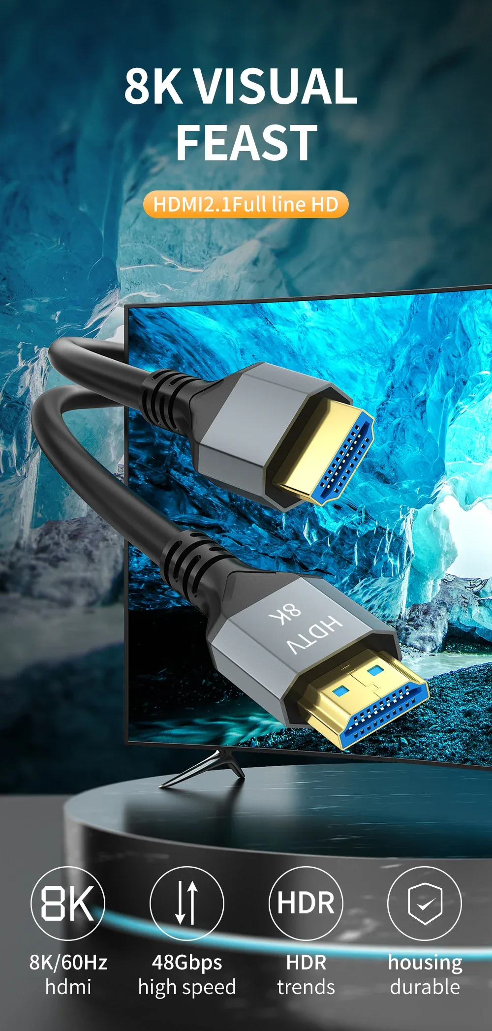 Câble HDMI 2.1 Ultra Haute Vitesse 8K@60Hz 4K@120Hz 48Gbps HDR - Image 2
