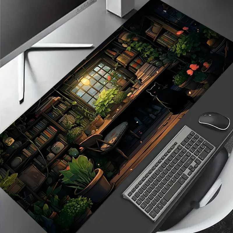 Grand Tapis de Souris Gaming Antidérapant - Motif Chat Noir et Plantes - 900x400 mm - Image 1