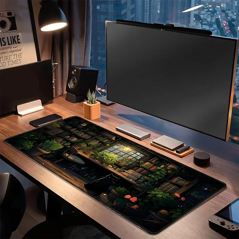 Grand Tapis de Souris Gaming Antidérapant - Motif Chat Noir et Plantes - 900x400 mm - Image 2