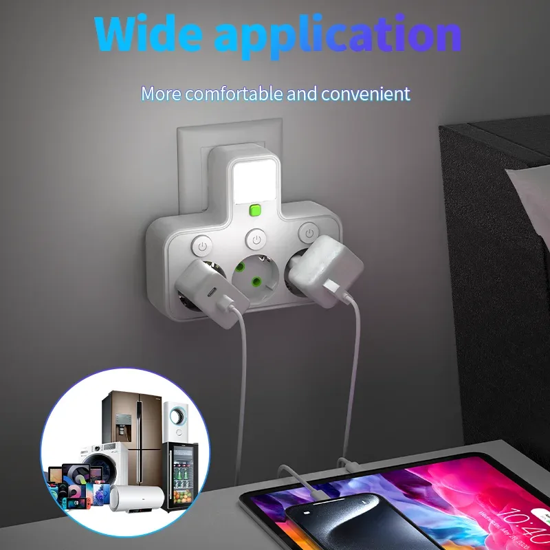 Multiprise murale avec 4 prises secteur, 2 ports USB, 1 port USB-C, interrupteur et veilleuse 5