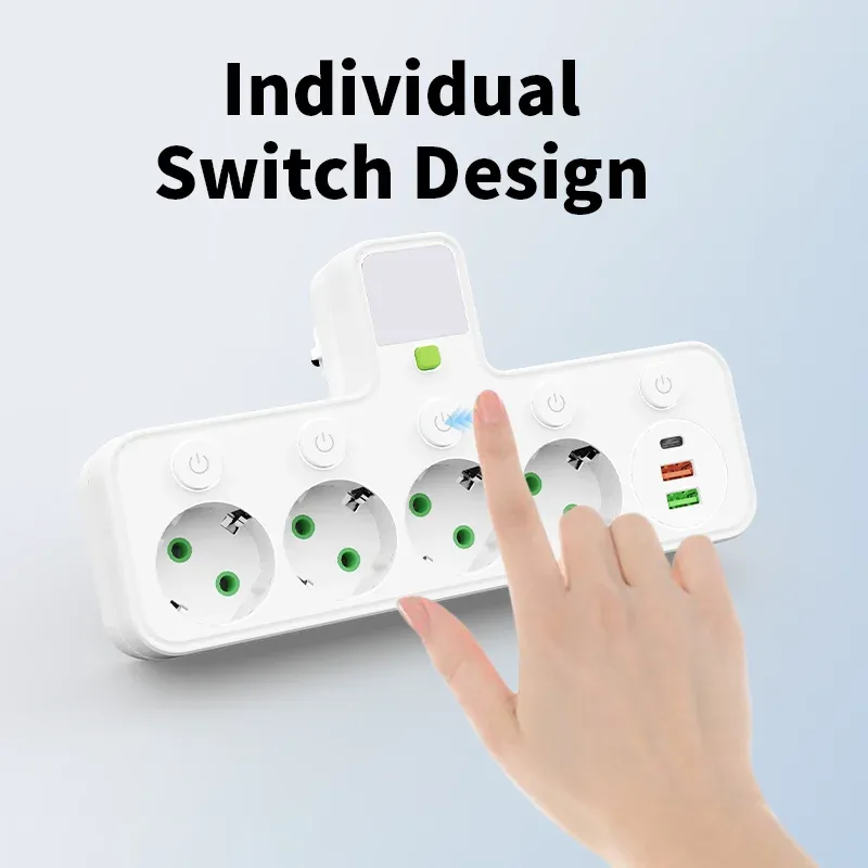 Multiprise murale avec 4 prises secteur, 2 ports USB, 1 port USB-C, interrupteur et veilleuse 2