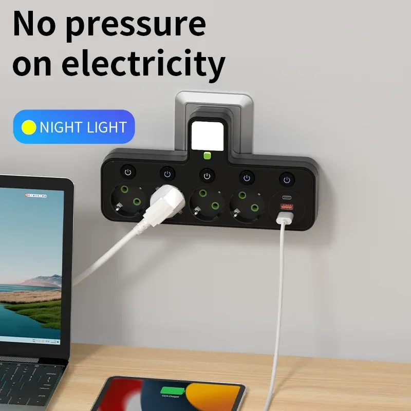 Multiprise murale avec 4 prises secteur, 2 ports USB, 1 port USB-C, interrupteur et veilleuse 3