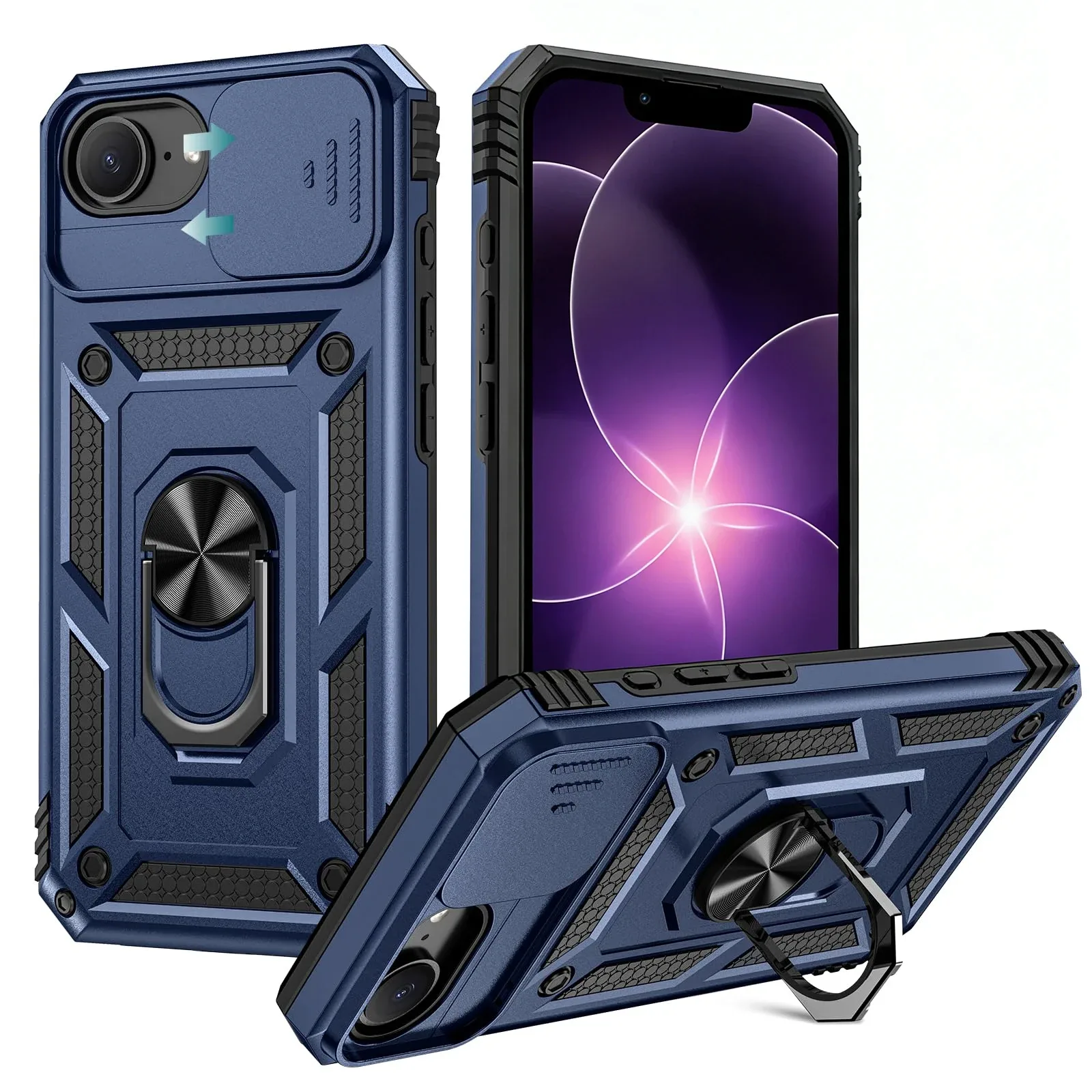 Coque de protection intégrale 360° pour iPhone 17 et 16 avec cache-caméra coulissant et anneau de support intégré 8