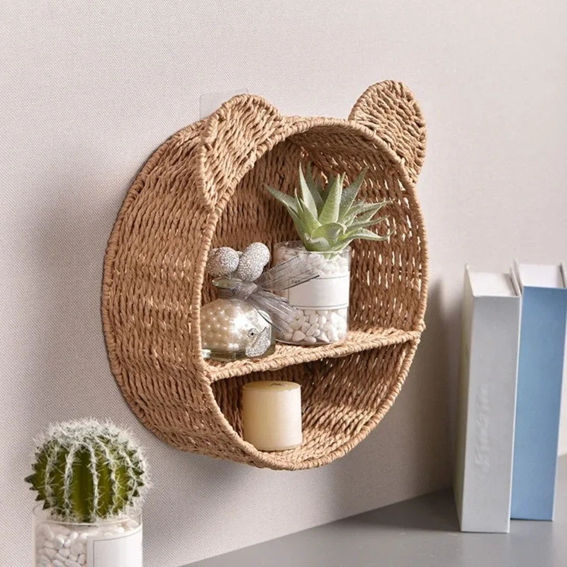 Étagère murale en rotin avec oreilles d'ours et panier de rangement suspendu - Image 6